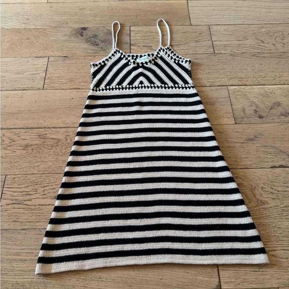 Impressions Crochet Knit Striped Mini Dress Black Cream‎ Cotton Womens S (608)
